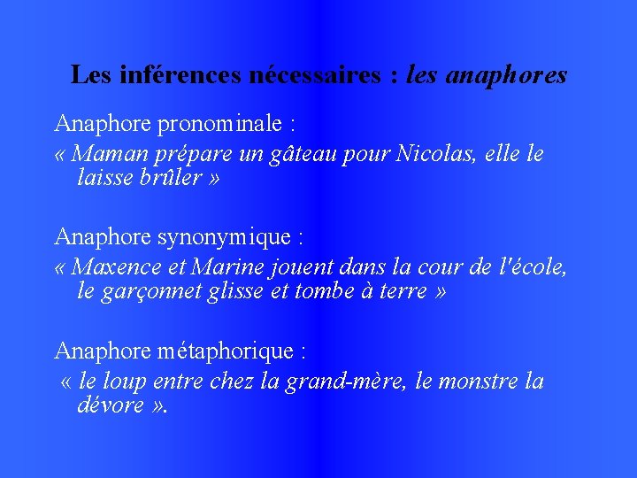 Les inférences nécessaires : les anaphores Anaphore pronominale : « Maman prépare un gâteau