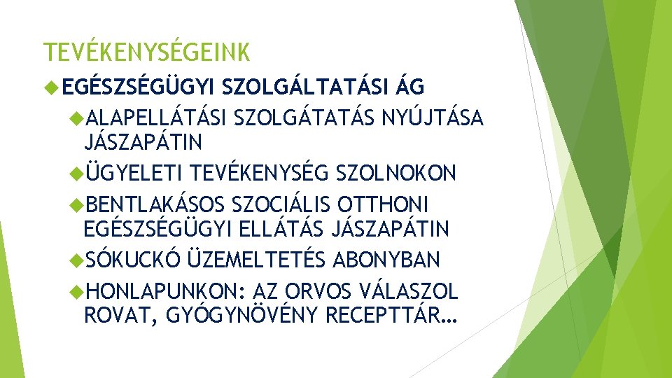 TEVÉKENYSÉGEINK EGÉSZSÉGÜGYI SZOLGÁLTATÁSI ÁG ALAPELLÁTÁSI SZOLGÁTATÁS NYÚJTÁSA JÁSZAPÁTIN ÜGYELETI TEVÉKENYSÉG SZOLNOKON BENTLAKÁSOS SZOCIÁLIS OTTHONI