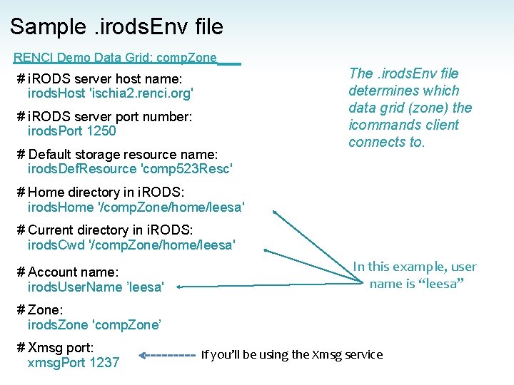 Sample. irods. Env file RENCI Demo Data Grid: comp. Zone # i. RODS server