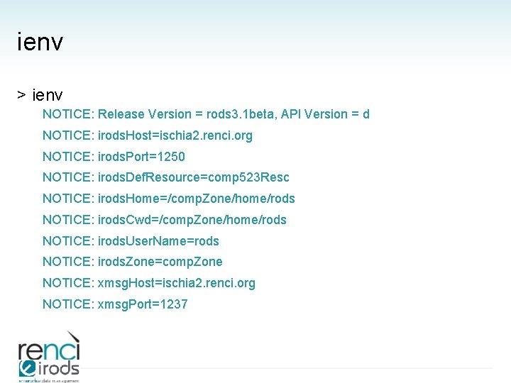ienv > ienv NOTICE: Release Version = rods 3. 1 beta, API Version =
