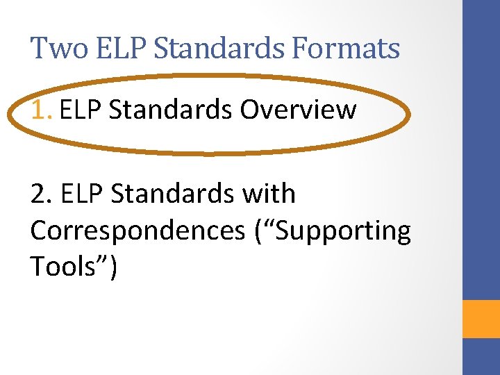 Two ELP Standards Formats 1. ELP Standards Overview 2. ELP Standards with Correspondences (“Supporting