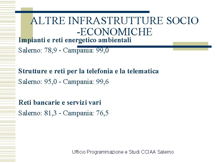 ALTRE INFRASTRUTTURE SOCIO -ECONOMICHE Impianti e reti energetico ambientali Salerno: 78, 9 - Campania: