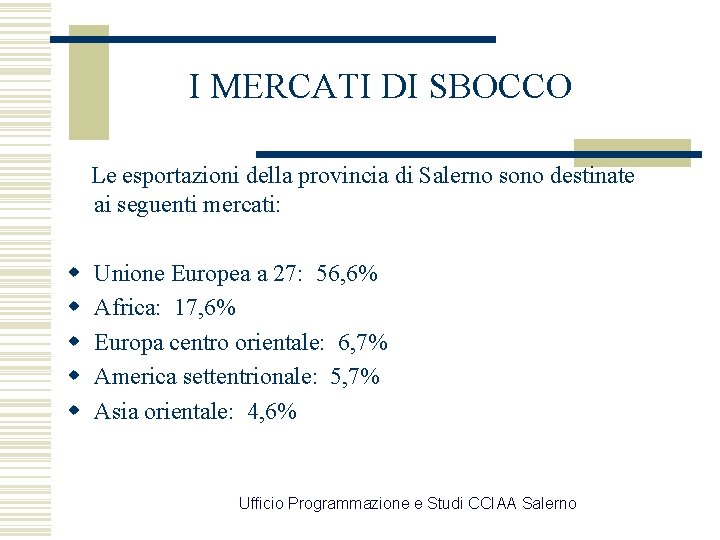 I MERCATI DI SBOCCO Le esportazioni della provincia di Salerno sono destinate ai seguenti