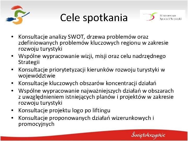 Cele spotkania • Konsultacje analizy SWOT, drzewa problemów oraz zdefiniowanych problemów kluczowych regionu w