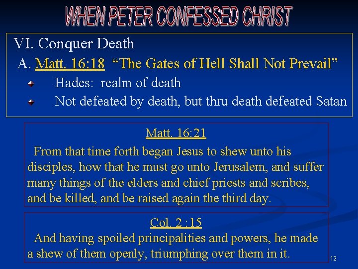 VI. Conquer Death A. Matt. 16: 18 “The Gates of Hell Shall Not Prevail”