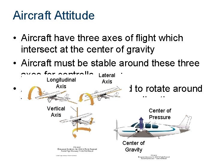 Aircraft Attitude • Aircraft have three axes of flight which intersect at the center