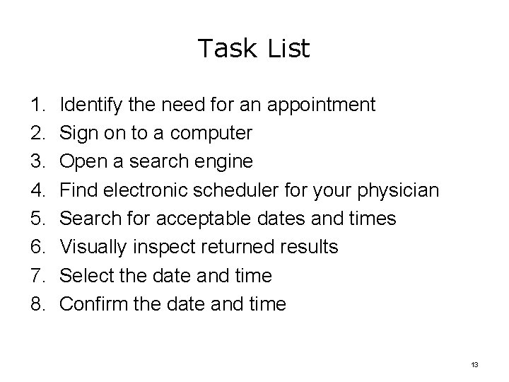 Task List 1. 2. 3. 4. 5. 6. 7. 8. Identify the need for