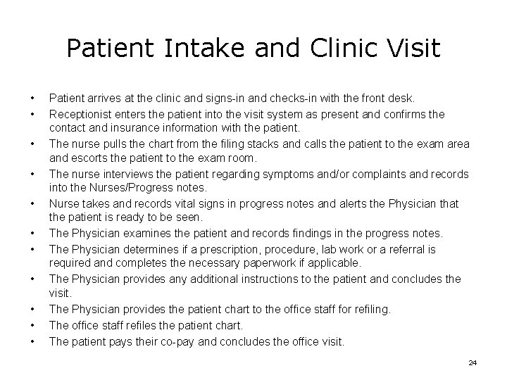 Patient Intake and Clinic Visit • • • Patient arrives at the clinic and