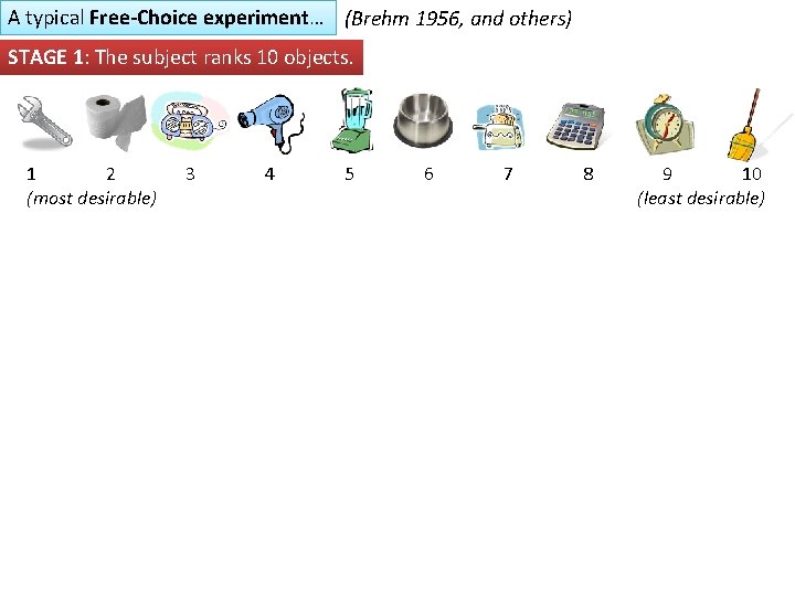 A typical Free-Choice experiment… (Brehm 1956, and others) STAGE 1: The subject ranks 10