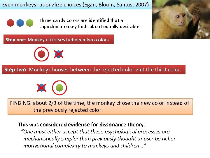 Even monkeys rationalize choices (Egan, Bloom, Santos, 2007) Three candy colors are identified that