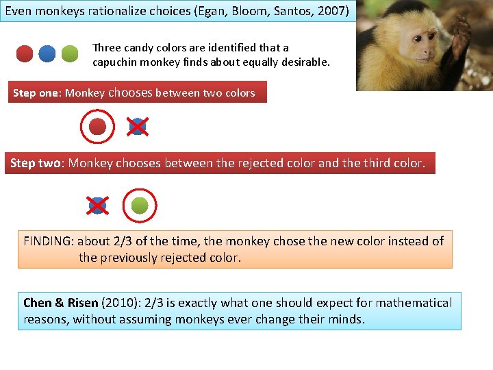 Even monkeys rationalize choices (Egan, Bloom, Santos, 2007) Three candy colors are identified that