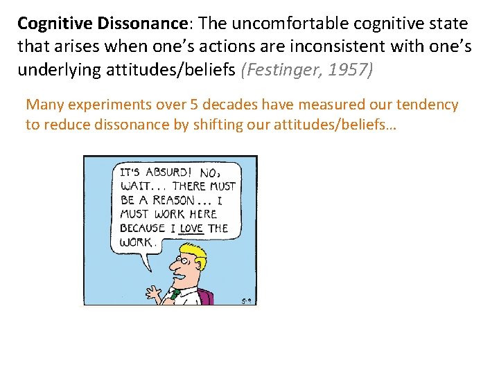 Cognitive Dissonance: The uncomfortable cognitive state that arises when one’s actions are inconsistent with