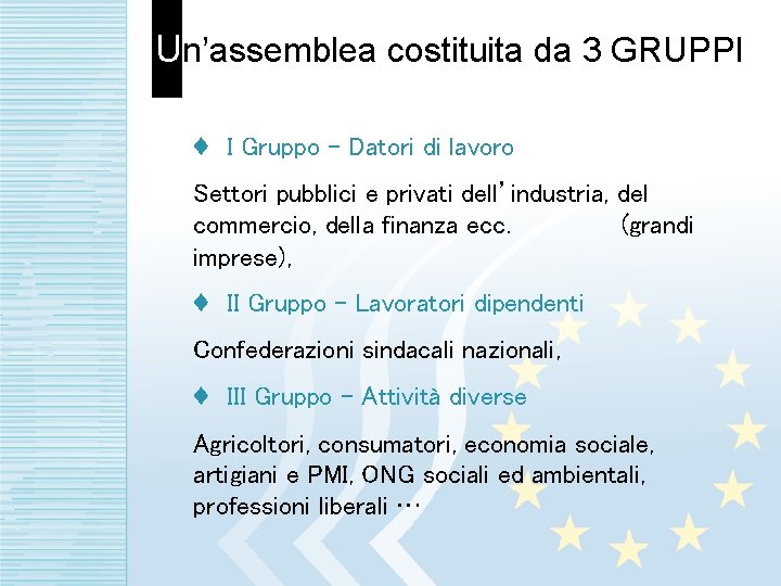 Un’assemblea costituita da 3 GRUPPI ♦ I Gruppo - Datori di lavoro Settori pubblici