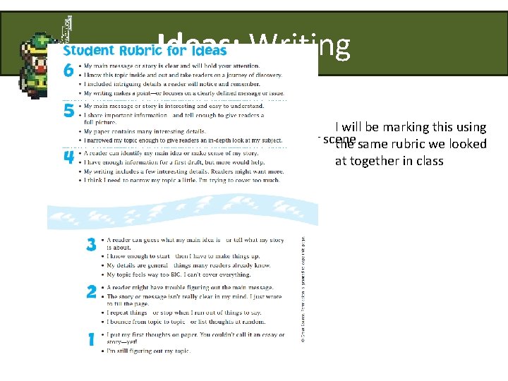 Ideas: Writing Rules: I will be marking this using 1. You cannot leave the