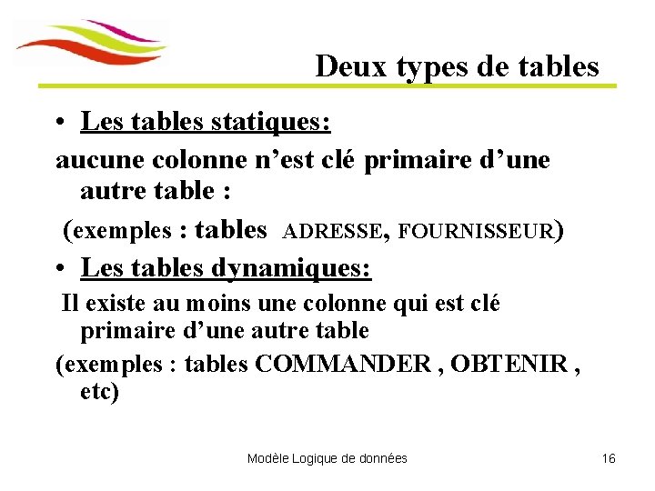 Deux types de tables • Les tables statiques: aucune colonne n’est clé primaire d’une