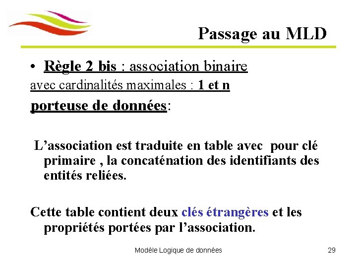 Passage au MLD • Règle 2 bis : association binaire avec cardinalités maximales :