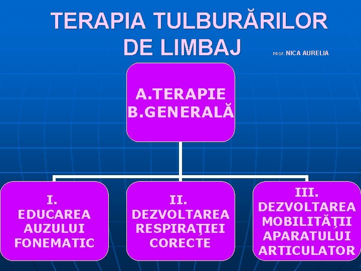 TERAPIA TULBURĂRILOR DE LIMBAJ PROF. NICA AURELIA A. TERAPIE B. GENERALĂ I. EDUCAREA AUZULUI
