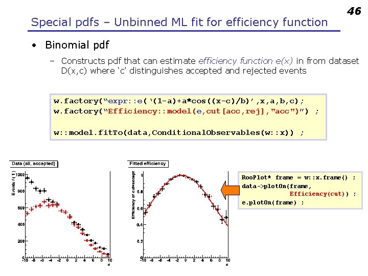 Special pdfs – Unbinned ML fit for efficiency function 46 • Binomial pdf –
