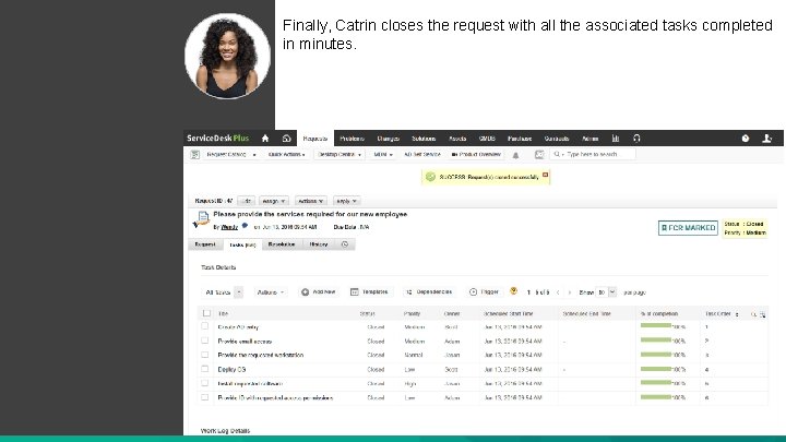 Finally, Catrin closes the request with all the associated tasks completed in minutes. 