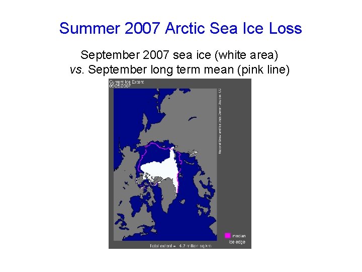 Summer 2007 Arctic Sea Ice Loss September 2007 sea ice (white area) vs. September