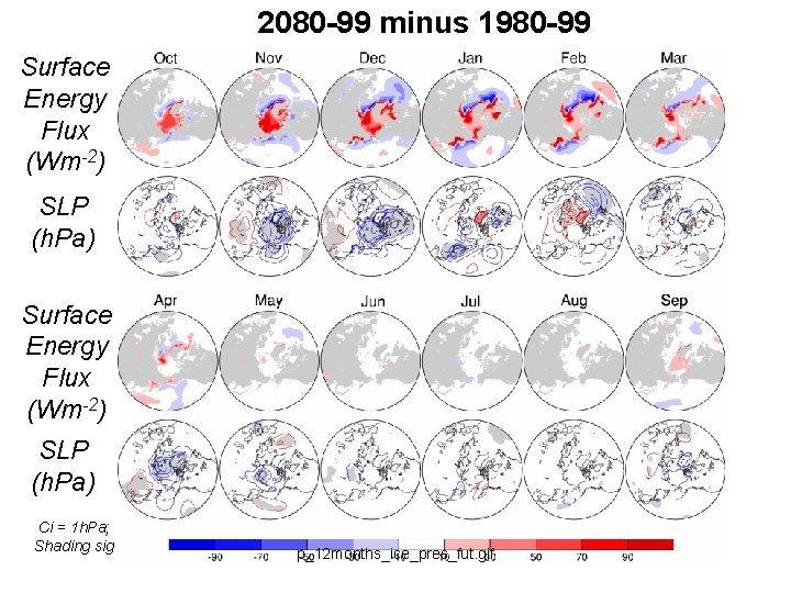 2080 -99 minus 1980 -99 Surface Energy Flux (Wm-2) SLP (h. Pa) Ci =