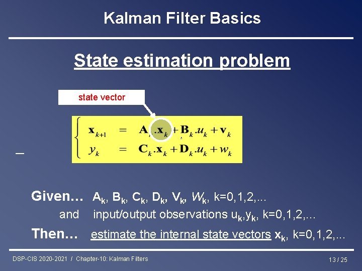 Kalman Filter Basics State estimation problem state vector Given… Ak, Bk, Ck, Dk, Vk,