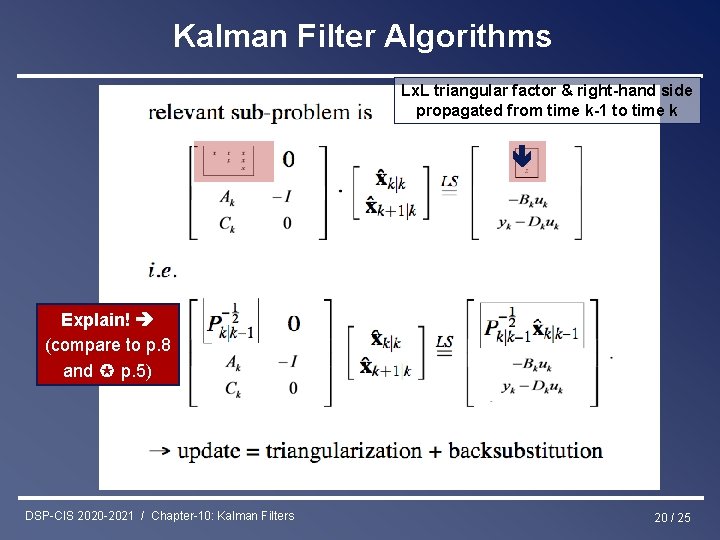 Kalman Filter Algorithms Lx. L triangular factor & right-hand side propagated from time k-1