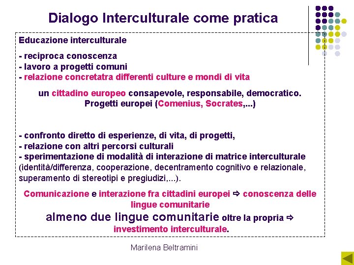 Dialogo Interculturale come pratica Educazione interculturale - reciproca conoscenza - lavoro a progetti comuni Dialogo Interculturale come pratica Educazione interculturale - reciproca conoscenza - lavoro a progetti comuni