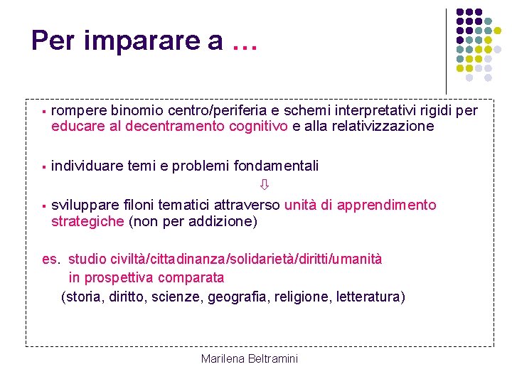 Per imparare a … § rompere binomio centro/periferia e schemi interpretativi rigidi per educare Per imparare a … § rompere binomio centro/periferia e schemi interpretativi rigidi per educare
