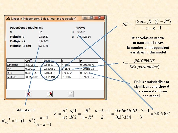 R: correlation matrix n: number of cases k: number of independent variables in the