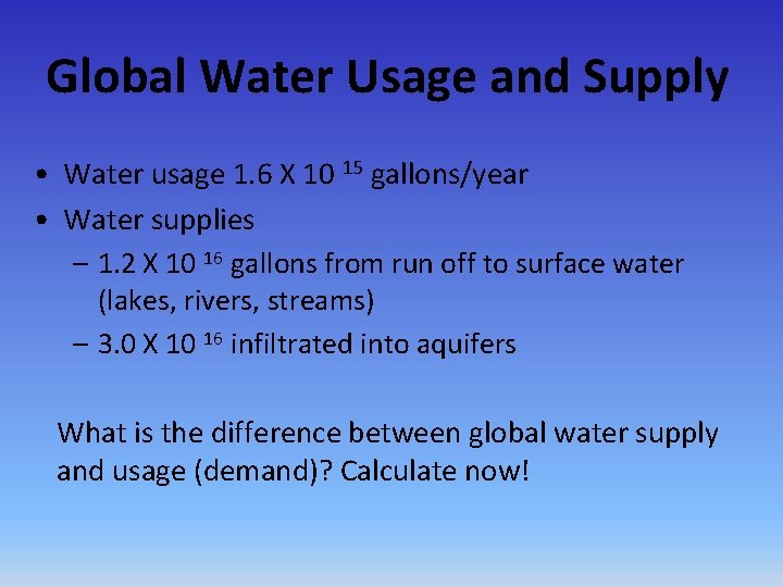 Global Water Usage and Supply • Water usage 1. 6 X 10 15 gallons/year