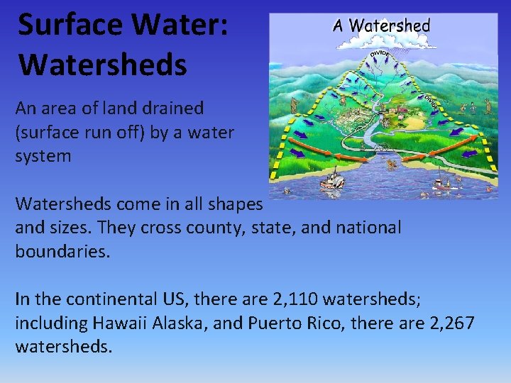 Surface Water: Watersheds An area of land drained (surface run off) by a water