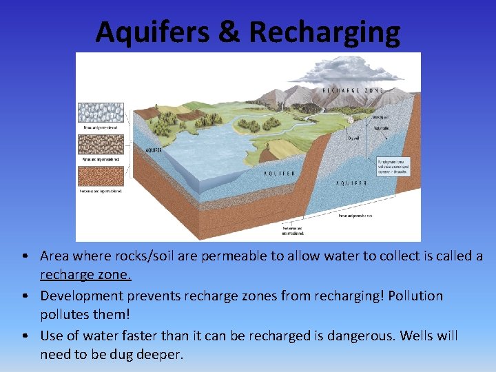 Aquifers & Recharging • Area where rocks/soil are permeable to allow water to collect