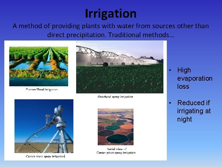 Irrigation A method of providing plants with water from sources other than direct precipitation.