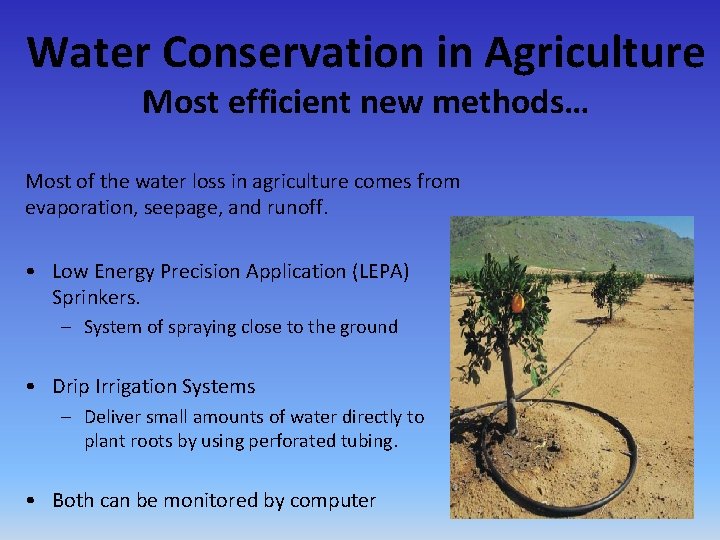 Water Conservation in Agriculture Most efficient new methods… Most of the water loss in