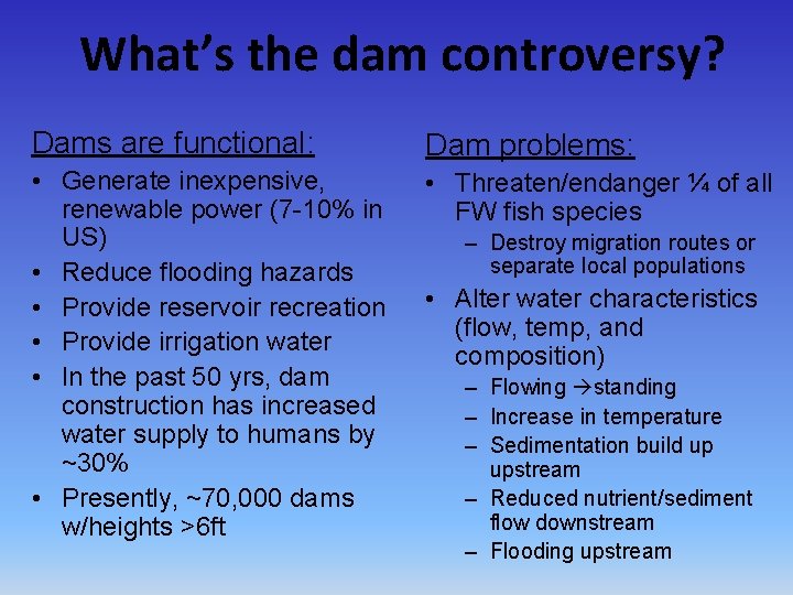 What’s the dam controversy? Dams are functional: Dam problems: • Generate inexpensive, renewable power