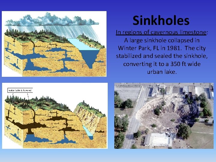 Sinkholes In regions of cavernous limestone: A large sinkhole collapsed in Winter Park, FL