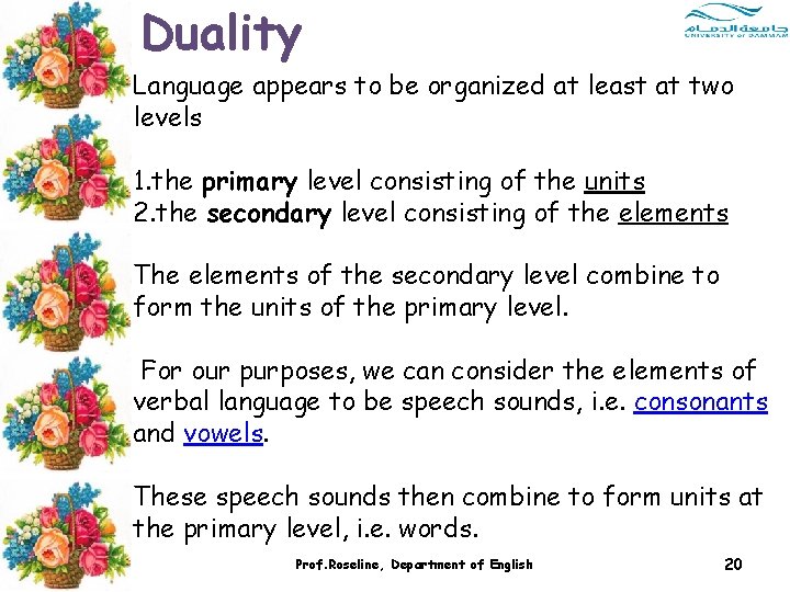Duality Language appears to be organized at least at two levels 1. the primary Duality Language appears to be organized at least at two levels 1. the primary