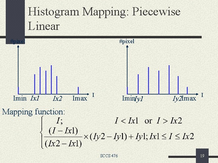 Histogram Mapping: Piecewise Linear #pixel Imin Ix 1 #pixel Ix 2 Imax I Imin.