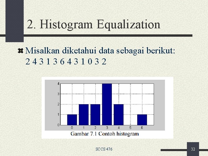 2. Histogram Equalization Misalkan diketahui data sebagai berikut: 243136431032 SCCS 476 32 