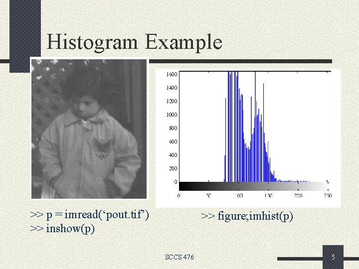 Histogram Example >> p = imread(‘pout. tif’) >> inshow(p) >> figure; imhist(p) SCCS 476