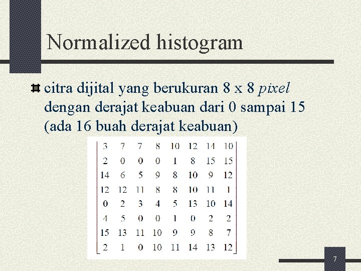 Normalized histogram citra dijital yang berukuran 8 x 8 pixel dengan derajat keabuan dari