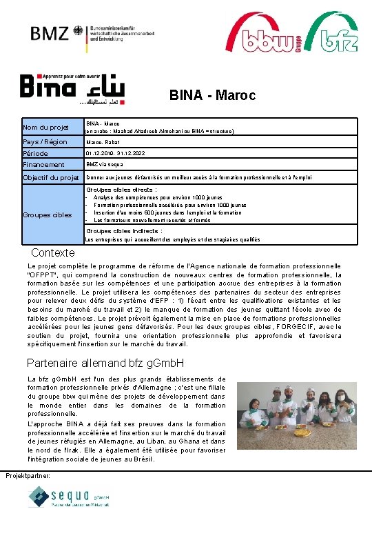 BINA - Maroc Nom du projet BINA - Maroc (en arabe : Maahad Altadreeb
