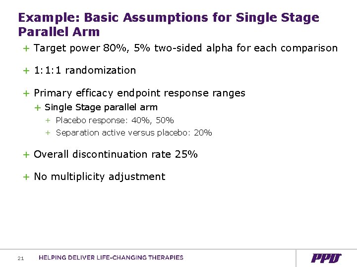 Example: Basic Assumptions for Single Stage Parallel Arm + Target power 80%, 5% two-sided