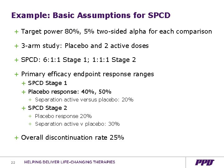 Example: Basic Assumptions for SPCD + Target power 80%, 5% two-sided alpha for each