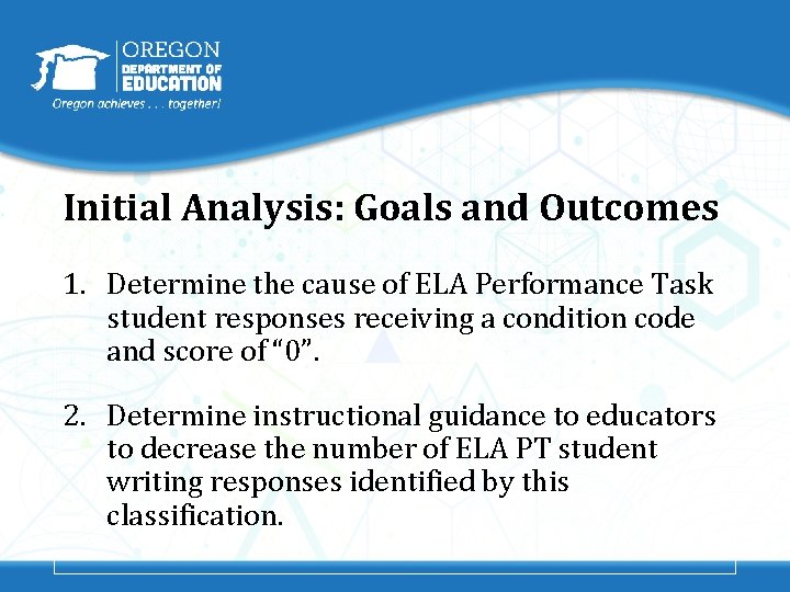 Initial Analysis: Goals and Outcomes 1. Determine the cause of ELA Performance Task student