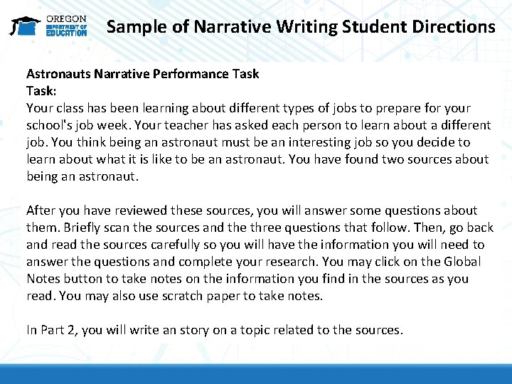 Sample of Narrative Writing Student Directions Astronauts Narrative Performance Task: Your class has been