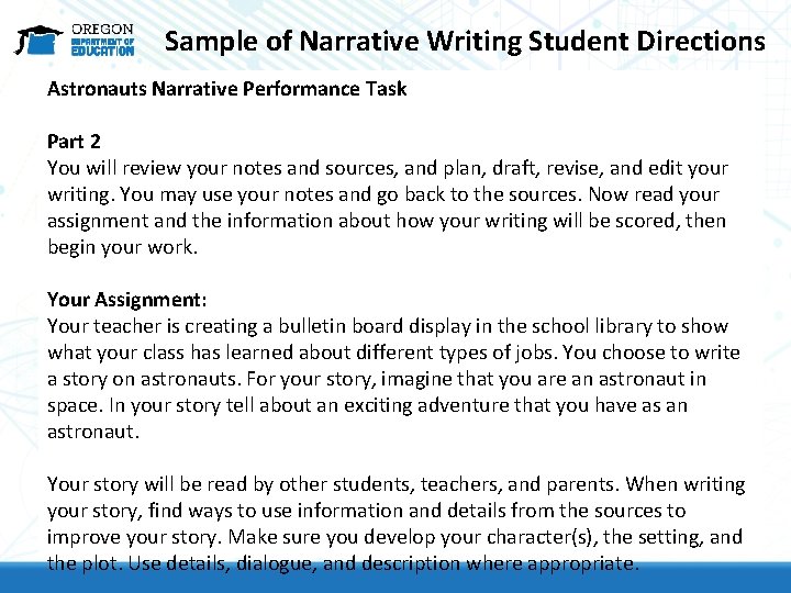 Sample of Narrative Writing Student Directions Astronauts Narrative Performance Task Part 2 You will