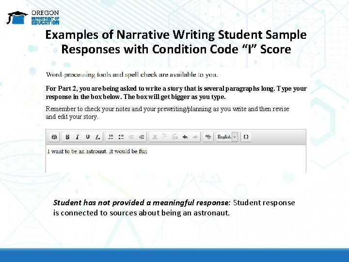 Examples of Narrative Writing Student Sample Responses with Condition Code “I” Score For Part