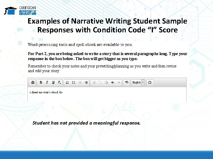 Examples of Narrative Writing Student Sample Responses with Condition Code “I” Score For Part